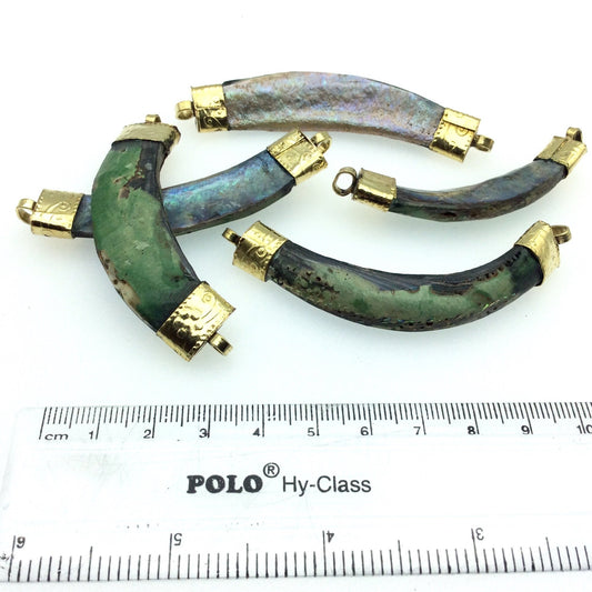 2.5" Iridescent Rainbow Curved Tusk/Claw Shaped Abalone Shell Pendant with Gold Floral Bails - Measuring 15mm x 70mm, Approx.