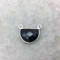 Sterling Silver Faceted Half Moon Shaped Jet Black Hydro (Man-made) Onyx Bezel 2 Ring Connector - Measuring 12mm x 16mm - Sold Individually