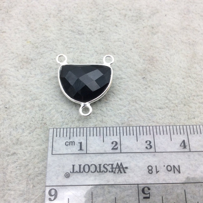 Sterling Silver Faceted Half Moon Shaped Jet Black Hydro (Man-made) Onyx Bezel 3 Ring Connector - Measuring 12mm x 16mm - Sold Individually