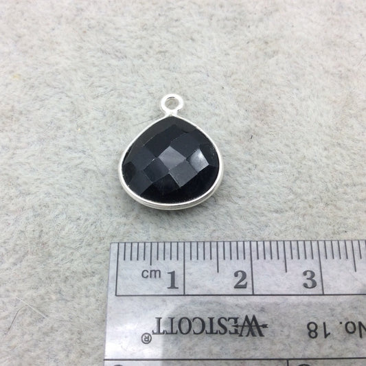 Sterling Silver Faceted Heart Shaped Jet Black Hydro (Man-made) Onyx Bezel Pendant - Measuring 15mm x 15mm - Sold Individually