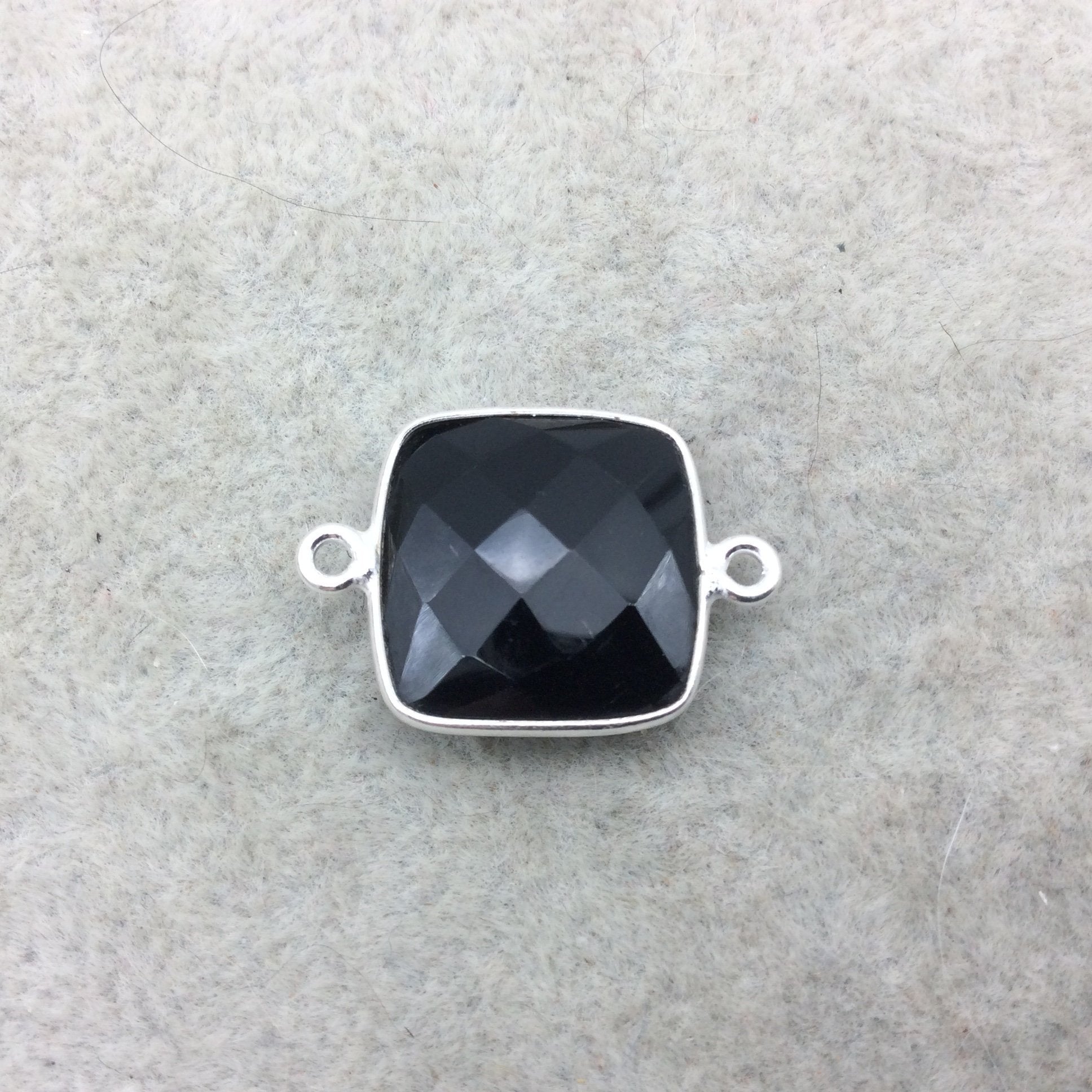 Sterling Silver Faceted Square Shaped Jet Black Hydro (Man-made) Onyx Bezel Connector - Measuring 15mm x 15mm - Sold Individually