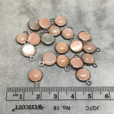 Gunmetal Plated Natural Peach Moonstone Smooth Round/Coin Shaped Copper Bezel Pendant -  Measures 8mm x 8mm - Sold Individually, Random