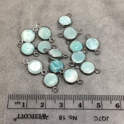 Gunmetal Plated Smooth Natural Amazonite Round/Coin Shaped Bezel Connector - Measuring 8mm x 8mm - Sold Individually, Chosen Randomly