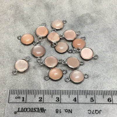 Gunmetal Plated Smooth Natural Peach Moonstone Round/Coin Shaped Bezel Connector - Measuring 8mm x 8mm - Sold Individually, Chosen Randomly