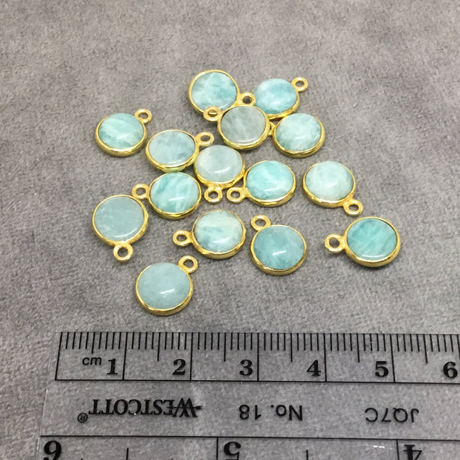 Gold Plated Natural Amazonite Smooth Round/Coin Shaped Copper Bezel Pendant -  Measures 8mm x 8mm - Sold Individually, Random