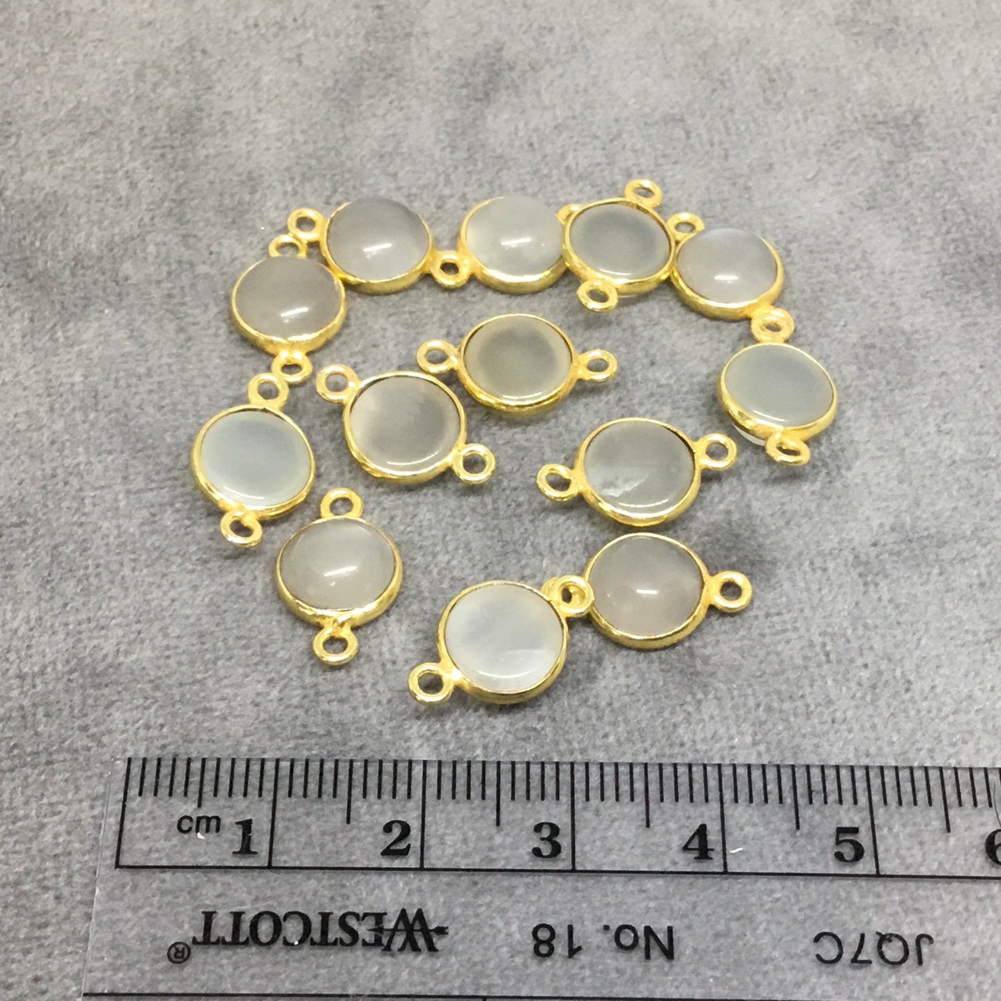 Gold Plated Smooth Natural Gray Moonstone Round/Coin Shaped Bezel Connector - Measuring 8mm x 8mm - Sold Individually, Chosen Randomly