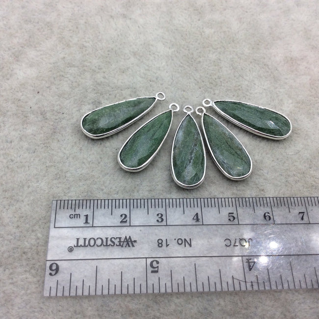Silver Finish Faceted Green Aventurine Long Teardrop Shape Bezel - Plated Copper Pendant Component ~ 15mm x 45mm - Sold Individually