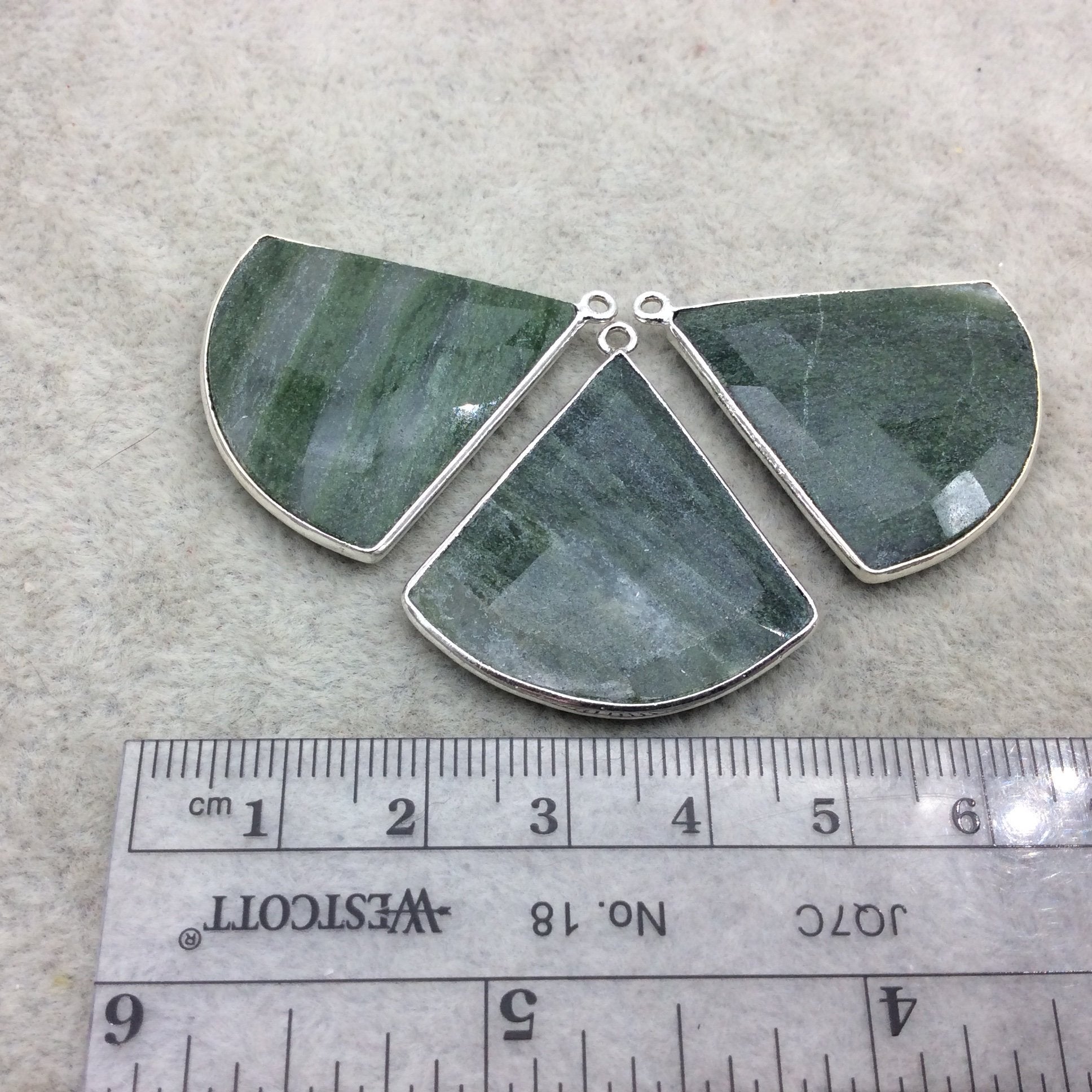 Silver Finish Faceted Green Aventurine Fan Shape Bezel - Plated Copper Pendant Component ~ 30mm x 30mm - Sold Individually