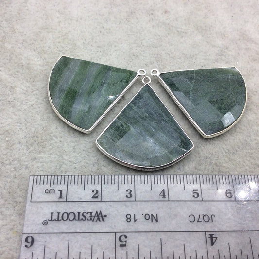 Silver Finish Faceted Green Aventurine Fan Shape Bezel - Plated Copper Pendant Component ~ 30mm x 30mm - Sold Individually