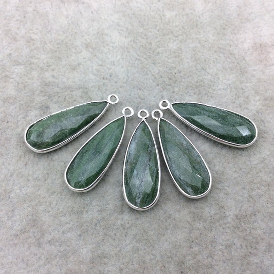 Silver Finish Faceted Green Aventurine Long Teardrop Shape Bezel - Plated Copper Pendant Component ~ 8mm x 25mm - Sold Individually