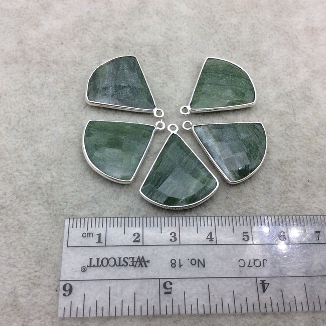Silver Finish Faceted Green Aventurine Fan Shape Bezel - Plated Copper Pendant Component ~ 22mm x 22mm - Sold Individually