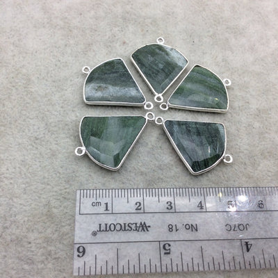 Silver Finish Faceted Green Aventurine Fan Shape Bezel - Plated Copper Connector Component ~ 22mm x 22mm - Sold Individually
