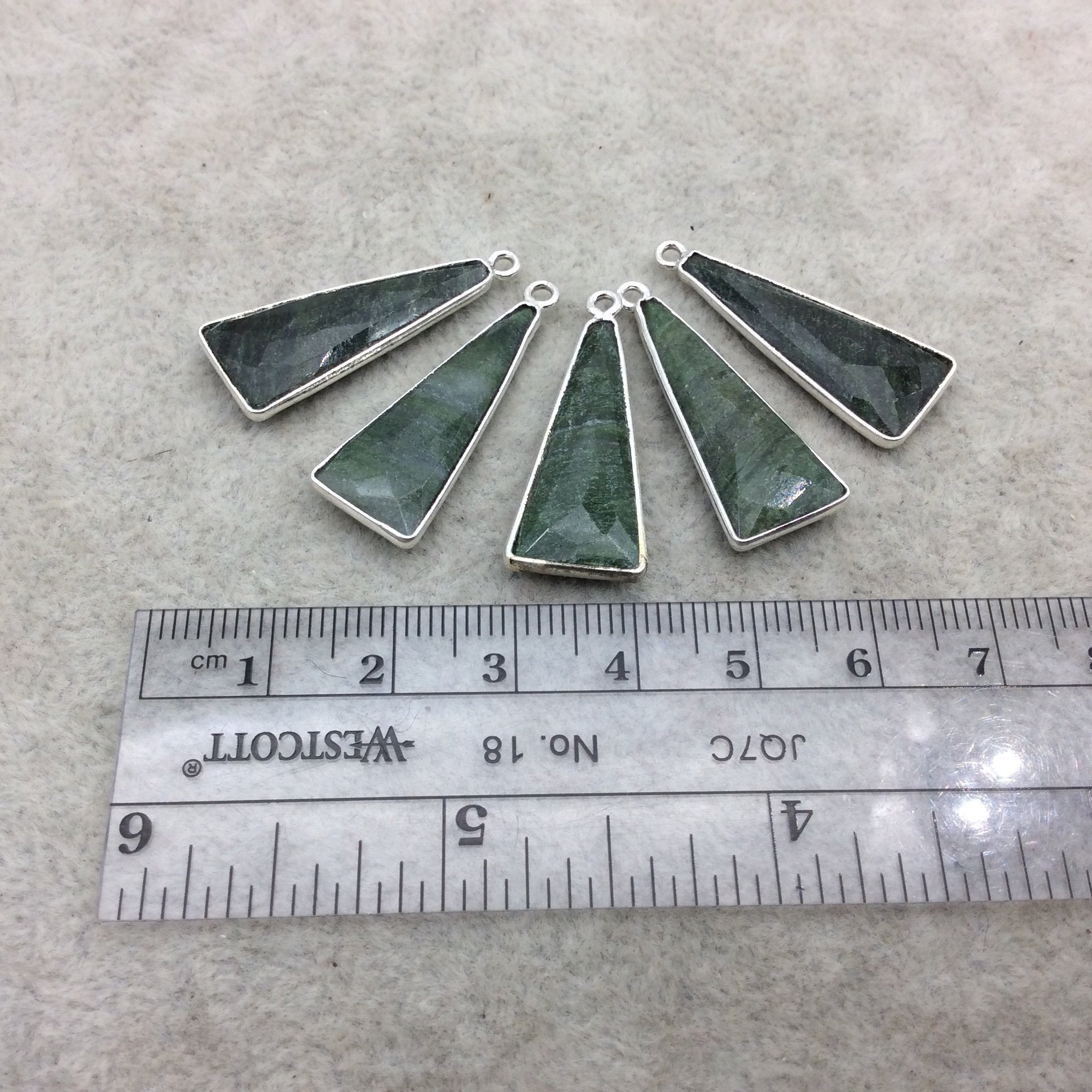 Silver Finish Faceted Green Aventurine Triangle Shape Bezel - Plated Copper Pendant Component ~ 10mm x 25mm - Sold Individually