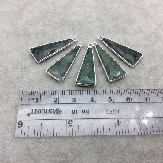 Silver Finish Faceted Green Aventurine Triangle Shape Bezel - Plated Copper Pendant Component ~ 10mm x 25mm - Sold Individually