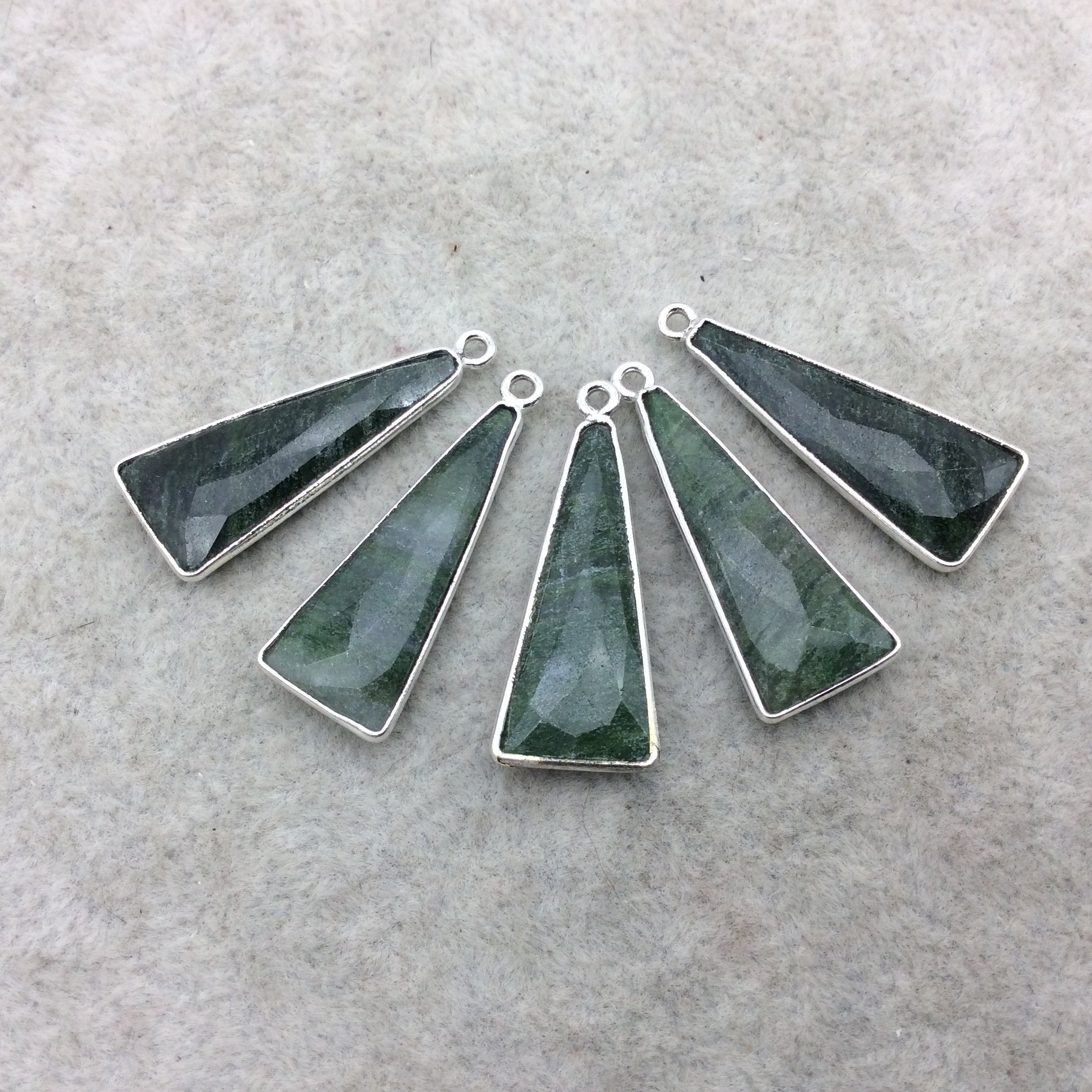 Silver Finish Faceted Green Aventurine Triangle Shape Bezel - Plated Copper Pendant Component ~ 10mm x 25mm - Sold Individually