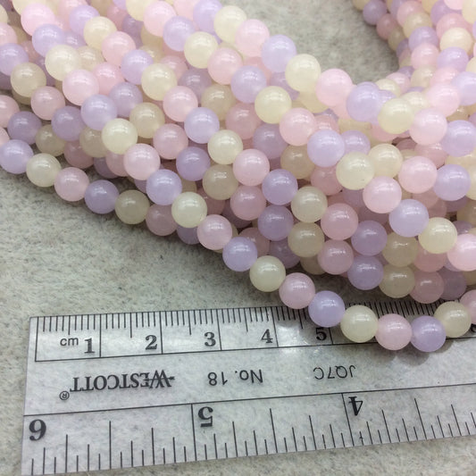 6mm Glossy Smooth Dyed Mixed Pale Pink/Purple/Yellow Natural Jade Round/Ball Shape Beads - Sold by 14.5" Strands (~ 62 Beads) - Quality Gem