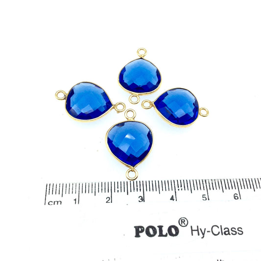 Gold Plated Faceted Hydro (Lab Created) Transparent Cobalt Heart/Teardrop Shaped Bezel Connector - Measuring 16mm x 16mm - Sold Individually