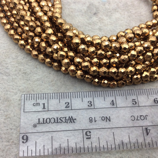 4mm Faceted Natural Metallic Antique Gold Hematite Round/Ball Shape Beads - Sold by 15" Strands (~ 100 Beads) - Semi-Precious Gemstone