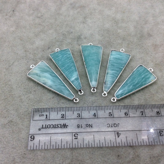 Silver Finish Faceted Green Amazonite Triangle Shape Bezel - Plated Copper Connector Component ~ 15mm x 35mm - Sold Individually