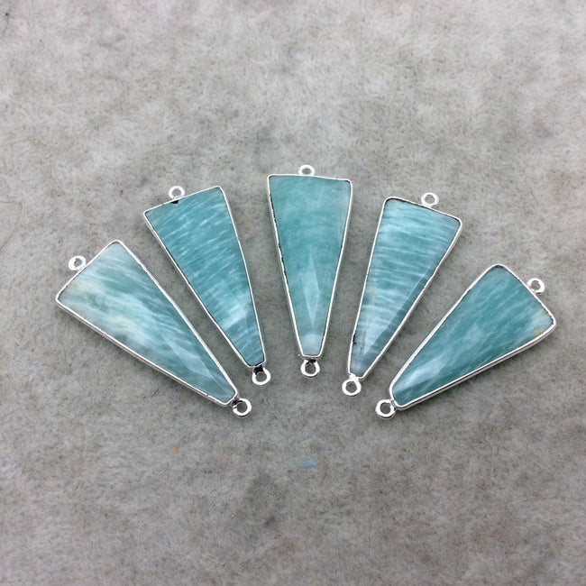 Silver Finish Faceted Green Amazonite Triangle Shape Bezel - Plated Copper Connector Component ~ 15mm x 35mm - Sold Individually