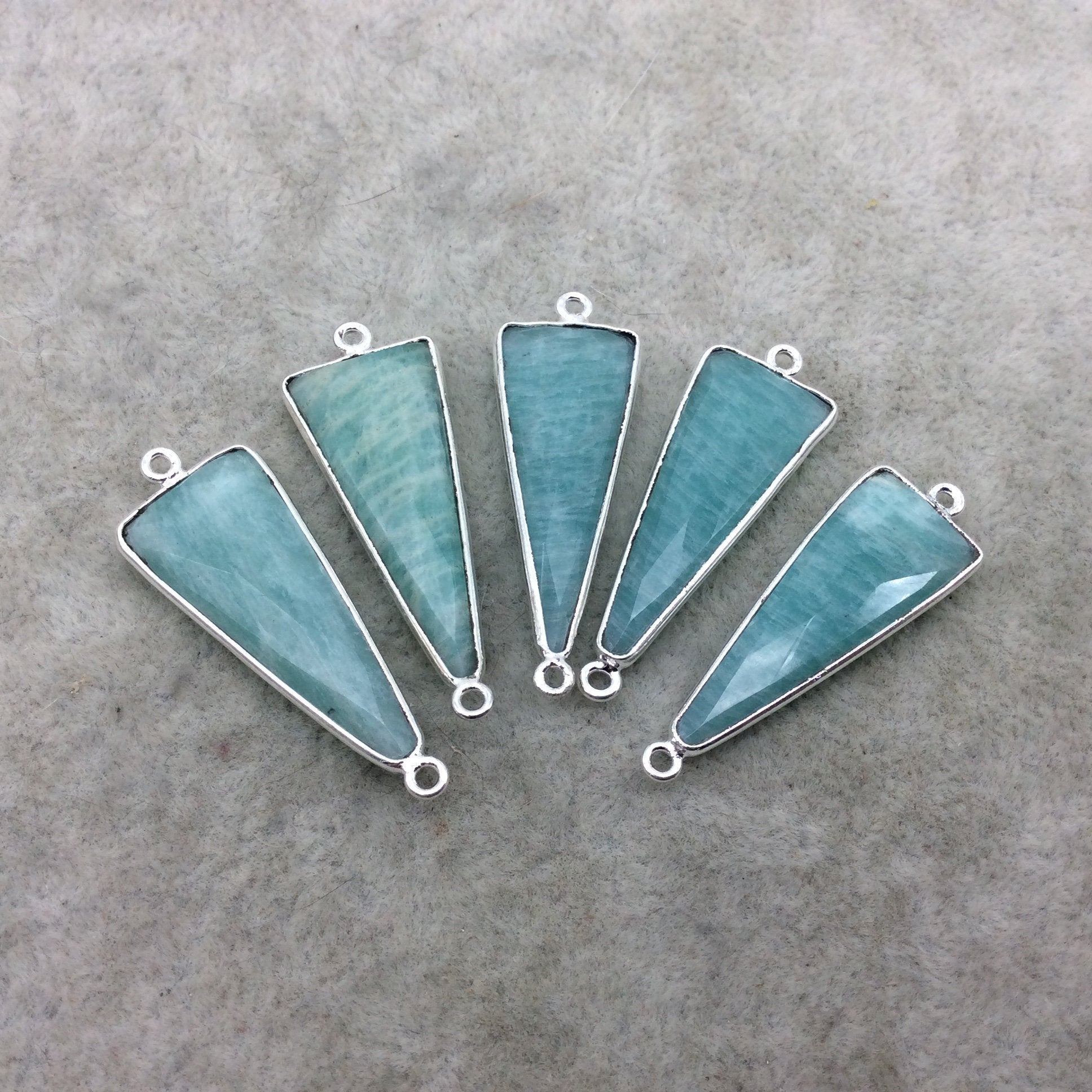 Silver Finish Faceted Green Amazonite Triangle Shape Bezel - Plated Copper Connector Component ~ 12mm x 30mm - Sold Individually