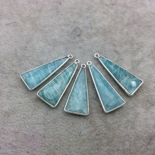 Green Amazonite Bezel | Silver Finish Faceted Triangle Shape Copper Plated Pendant Component ~ 12mm x 30mm - Sold Individually