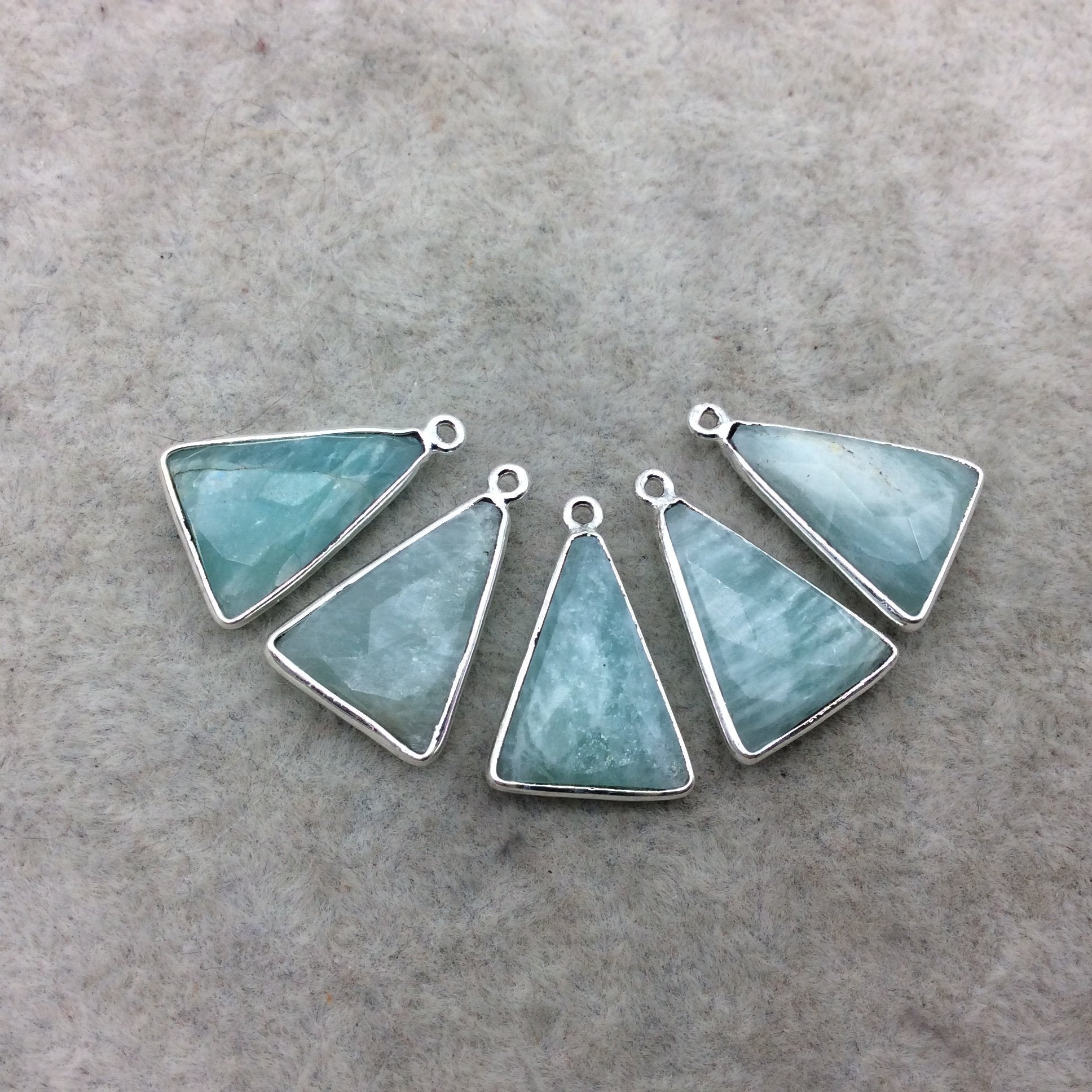 Silver Finish Faceted Green Amazonite Triangle Shape Bezel - Plated Copper Pendant Component ~ 12mm x 18mm - Sold Individually