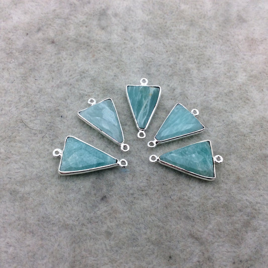 Green Amazonite Bezel | Silver Finish Faceted Triangle Shape Copper Plated Connector Component ~ 12mm x 18mm - Sold Individually