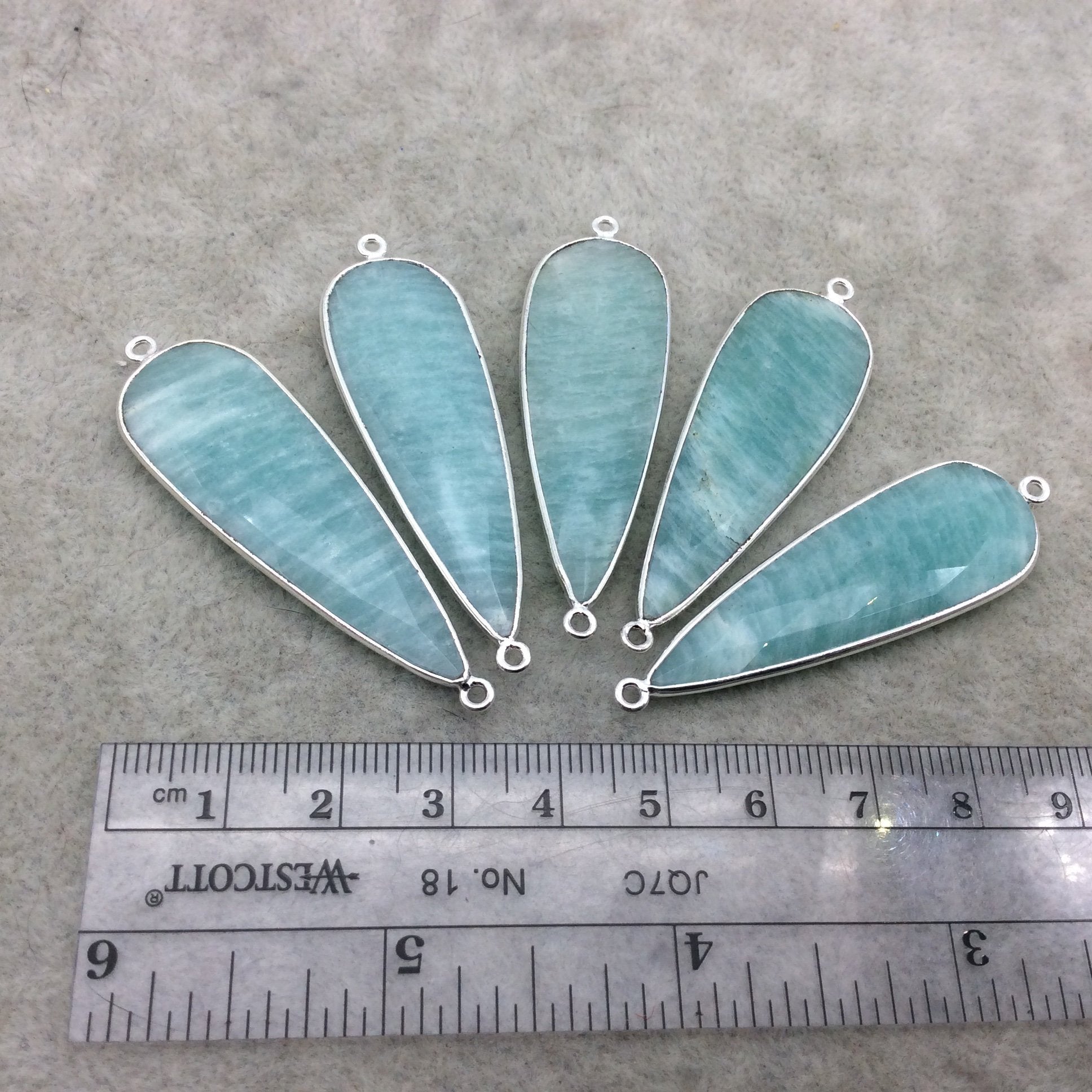 Silver Finish Faceted Green Amazonite Long Teardrop Shape Bezel - Plated Copper Connector Component ~ 15mm x 45mm - Sold Individually