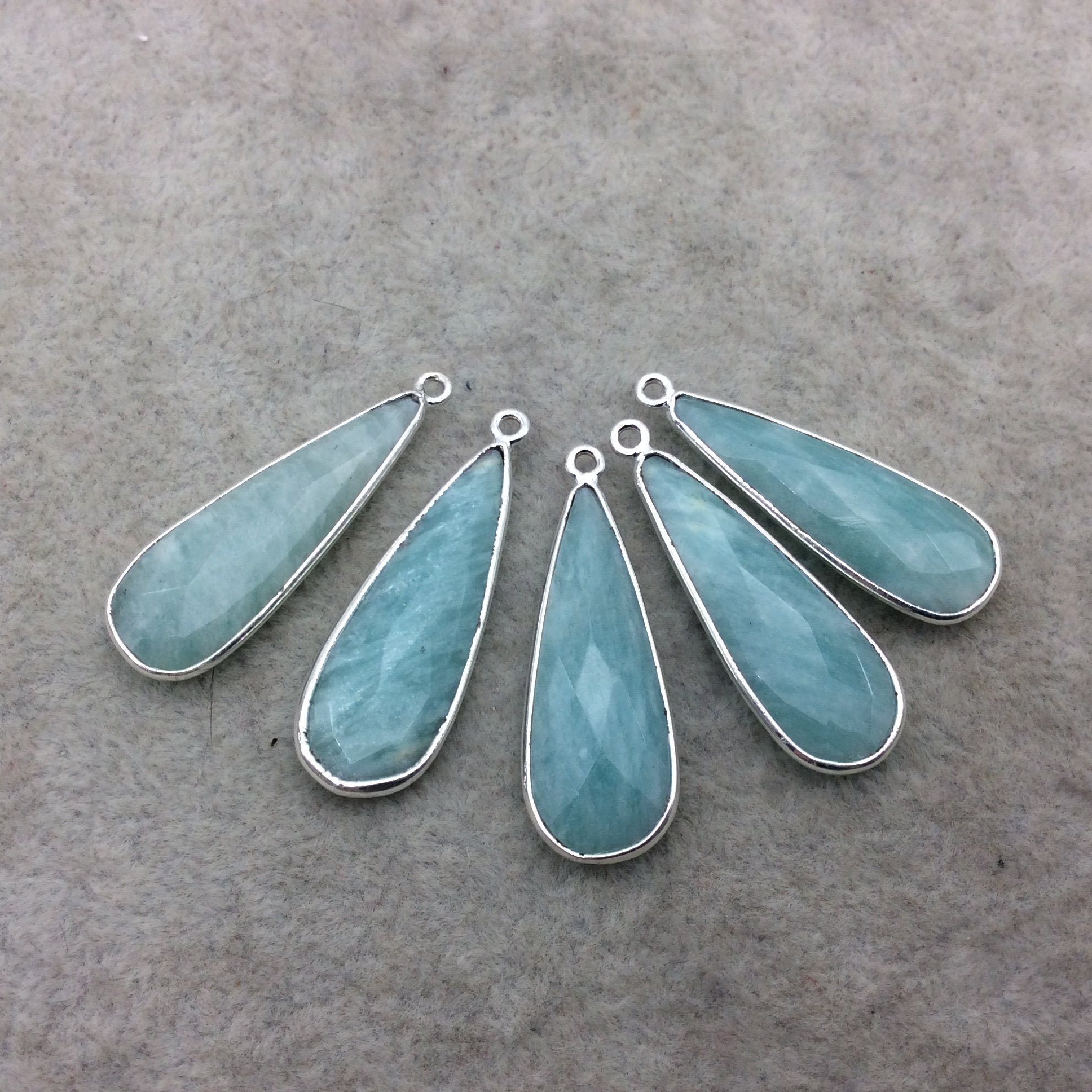 Silver Finish Faceted Green Amazonite Long Teardrop Shape Bezel - Plated Copper Pendant Component ~ 12mm x 30mm - Sold Individually