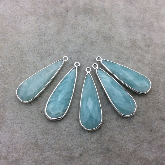 Silver Finish Faceted Green Amazonite Long Teardrop Shape Bezel - Plated Copper Pendant Component ~ 12mm x 30mm - Sold Individually