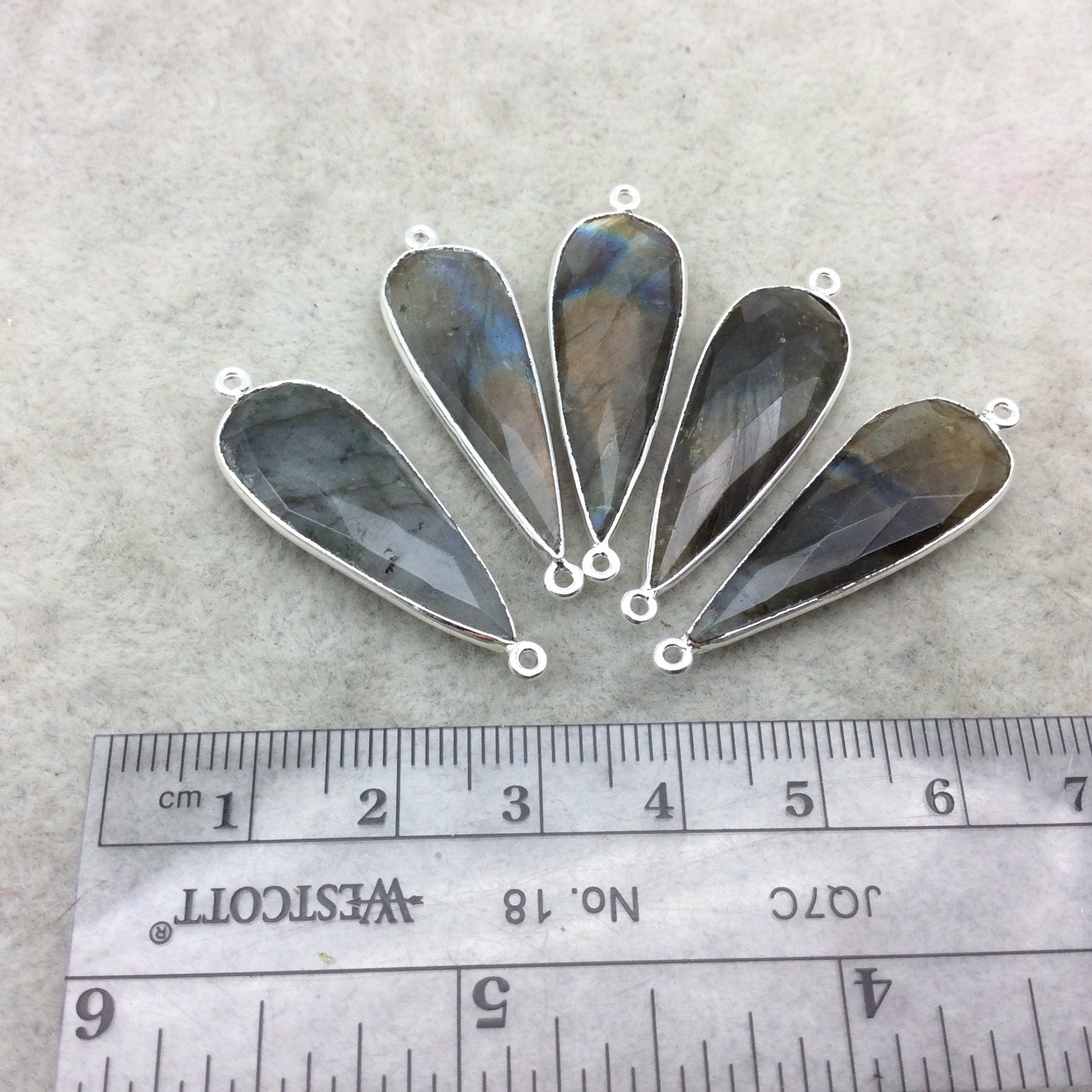 Labradorite Bezel | Natural Semi-precious Gemstone | Silver Finish Faceted Long Teardrop Shaped Connector Component - Measuring 12mm x 30mm