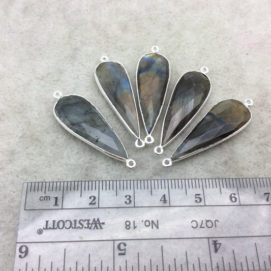 Labradorite Bezel | Natural Semi-precious Gemstone | Silver Finish Faceted Long Teardrop Shaped Connector Component - Measuring 12mm x 30mm