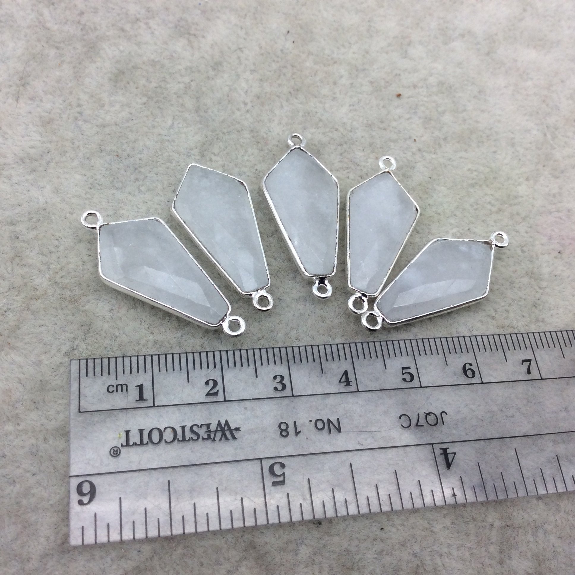 Silver Plated Natural White Beryl Faceted Dagger Shaped Copper Bezel Connector - Measures 12mm x 25mm - Sold Individually, Random