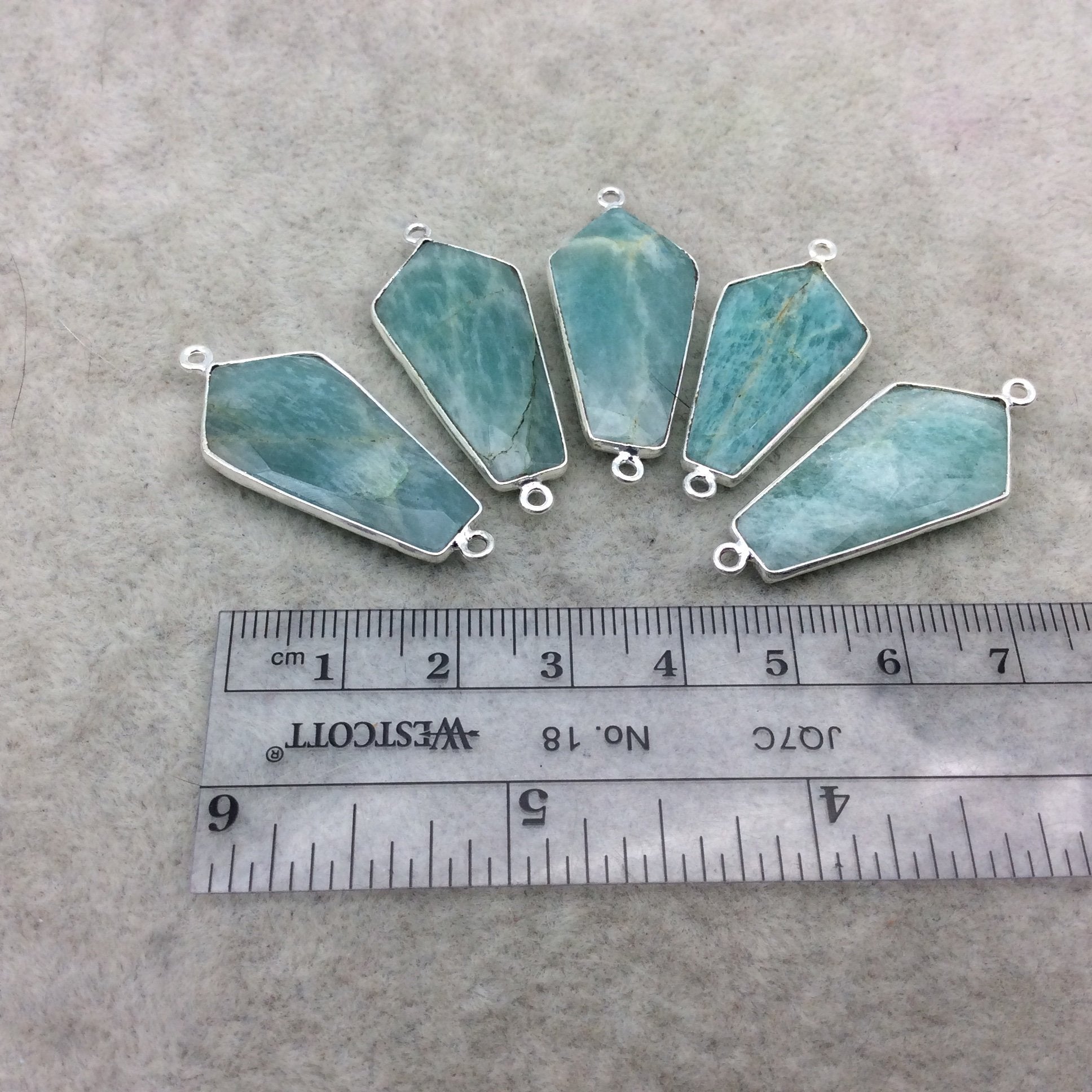 Silver Finish Faceted Green Amazonite Dagger Shape Bezel - Plated Copper Connector Component ~ 15mm x 30mm - Sold Individually