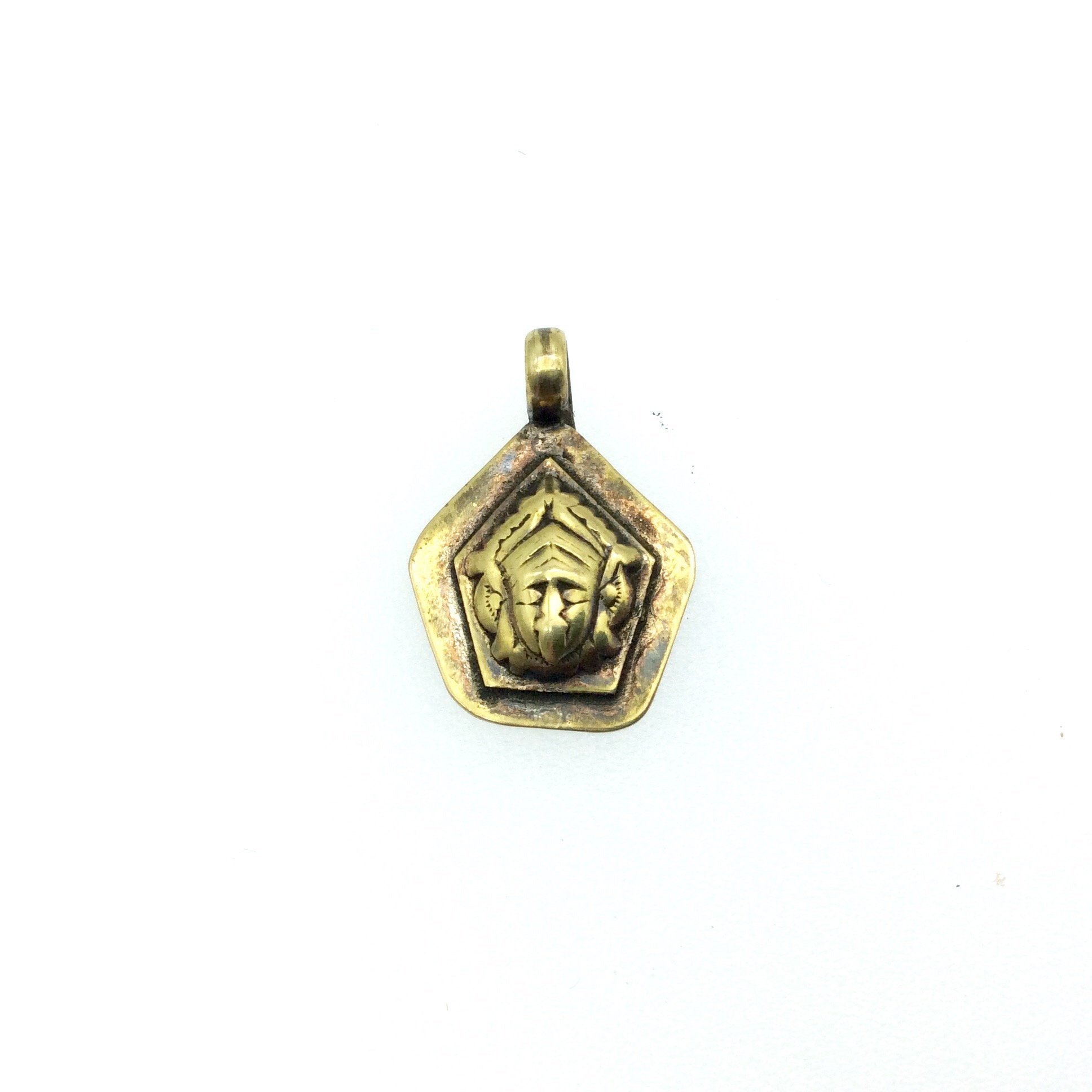 3/4" Oxidized Gold Plated Rustic Kalimaa Copper Pentagon God/Deity Pendant W Attached Ring  - 18mm Approximately