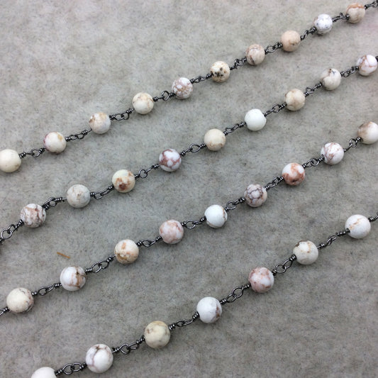 Gunmetal Plated Copper Rosary Chain with 6mm Smooth Round Shaped White Buffalo Turquoise Beads - Sold by the Foot! - Natural Beaded Chain