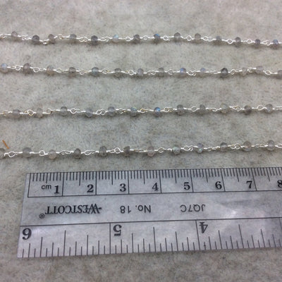 Silver Plated Copper Wrapped Rosary Chain W 4mm Faceted Natural Iridescent Gray Labradorite Rondelle Shaped Beads (CH095-SV)