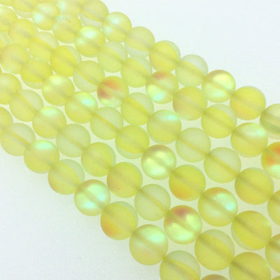 8mm Matte Frosted Lemon Yellow Moonlight Glass Crystal Round/Ball Shaped Beads - 15.5" Strand (Approx. 49 Beads) - Synthetic Moonstone