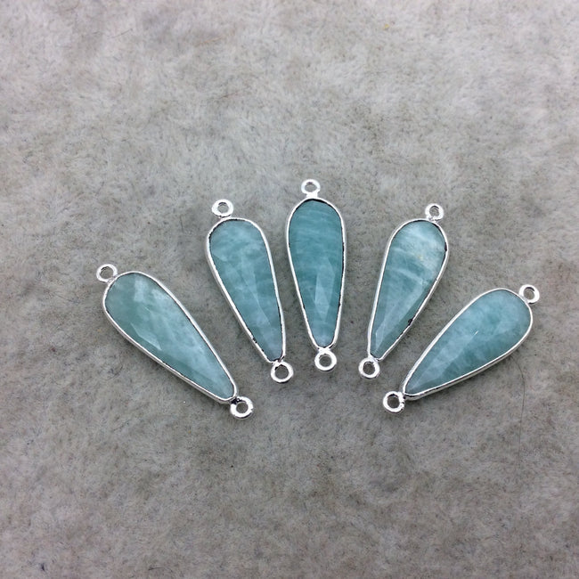 Silver Finish Faceted Green Amazonite Long Teardrop Shape Bezel - Plated Copper Connector Component ~ 10mm x 25mm - Sold Individually