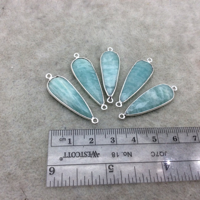 Silver Finish Faceted Green Amazonite Long Teardrop Shape Bezel - Plated Copper Connector Component ~ 12mm x 30mm - Sold Individually