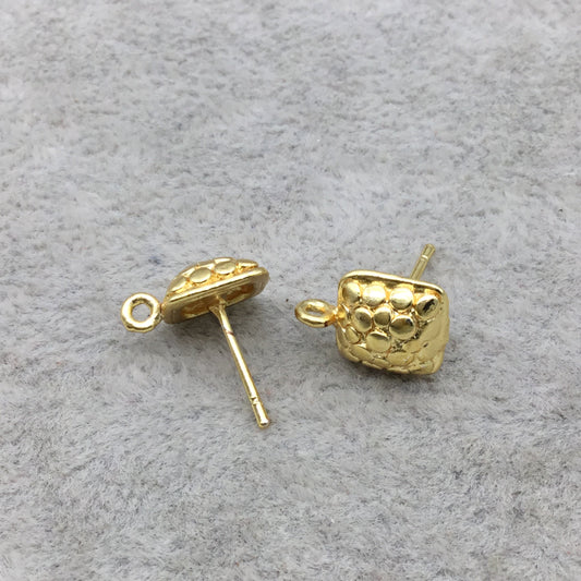 9mm 18k Gold Overlay Square Post Clip with Embossed Circle Design and Loop High Quality Earring Finding - 1 Pairs Per Pack (2 Pieces Total)