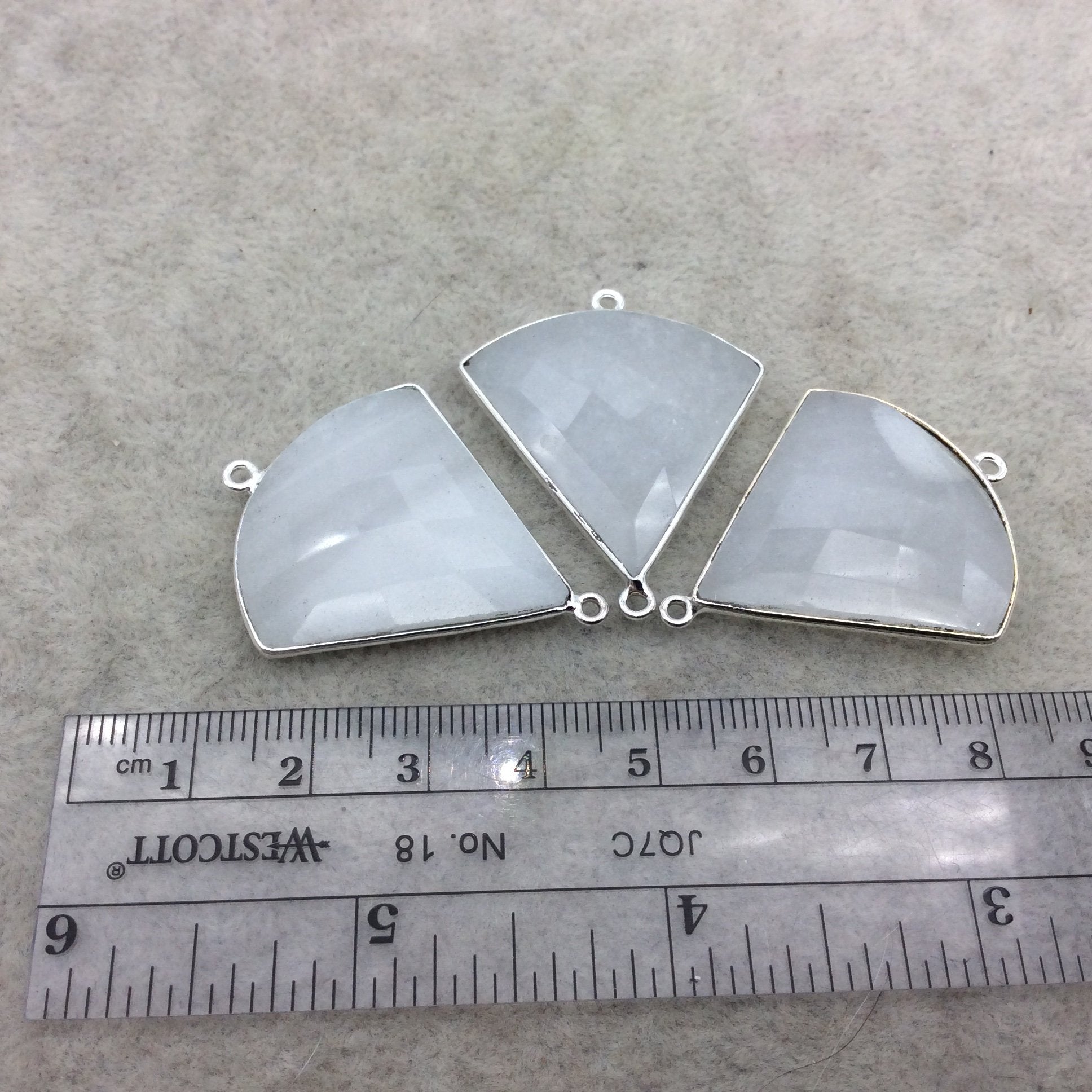 Silver Plated Natural White Beryl Faceted Fan Shaped Copper Bezel Connector - Measures 30mm x 30mm - Sold Individually, Random