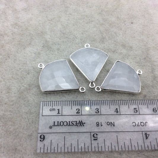 Silver Plated Natural White Beryl Faceted Fan Shaped Copper Bezel Connector - Measures 22mm x 22mm - Sold Individually, Random