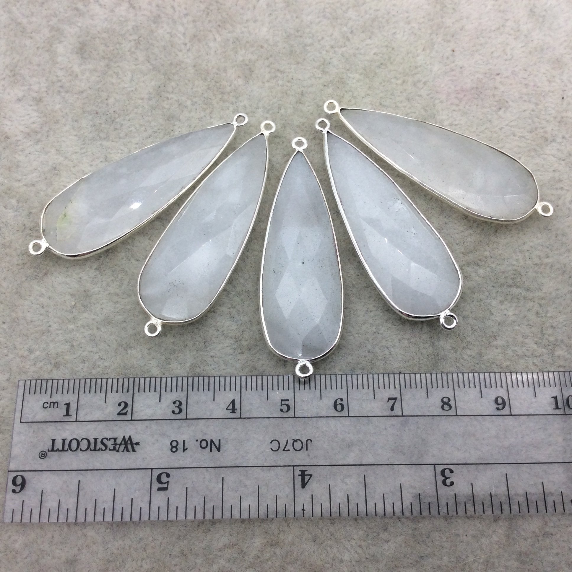 Silver Plated Natural White Beryl Faceted Long Teardrop Shaped Copper Bezel Connector - Measures 15mm x 45mm - Sold Individually, Random