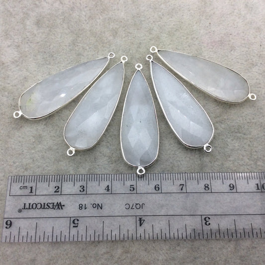 Silver Plated Natural White Beryl Faceted Long Teardrop Shaped Copper Bezel Connector - Measures 15mm x 45mm - Sold Individually, Random