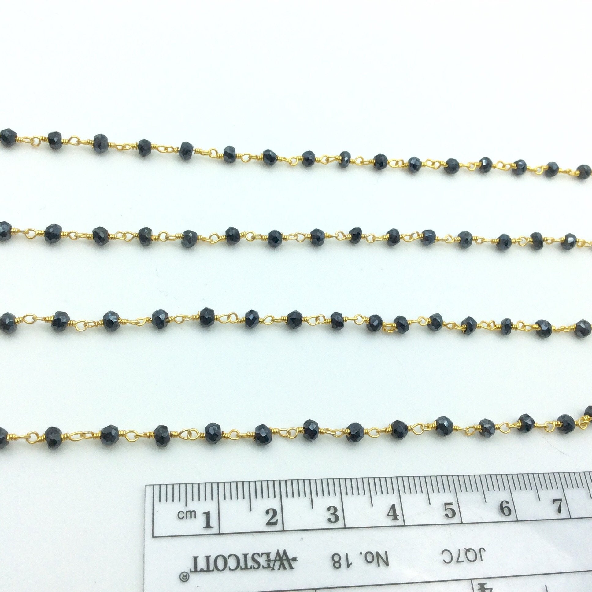 Gold Plated Copper Rosary Chain with Faceted 3-4mm Rondelle Shaped Mystic Coated Black Spinel Beads - Sold Per Ft - (CH157-GD)
