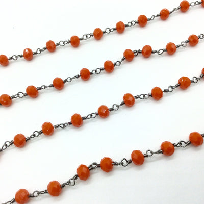 Gunmetal Plated Copper Wrapped Rosary Chain with 6mm Faceted Opaque Persimmon Orange Glass Crystal Rondelle Beads - Sold By the Foot