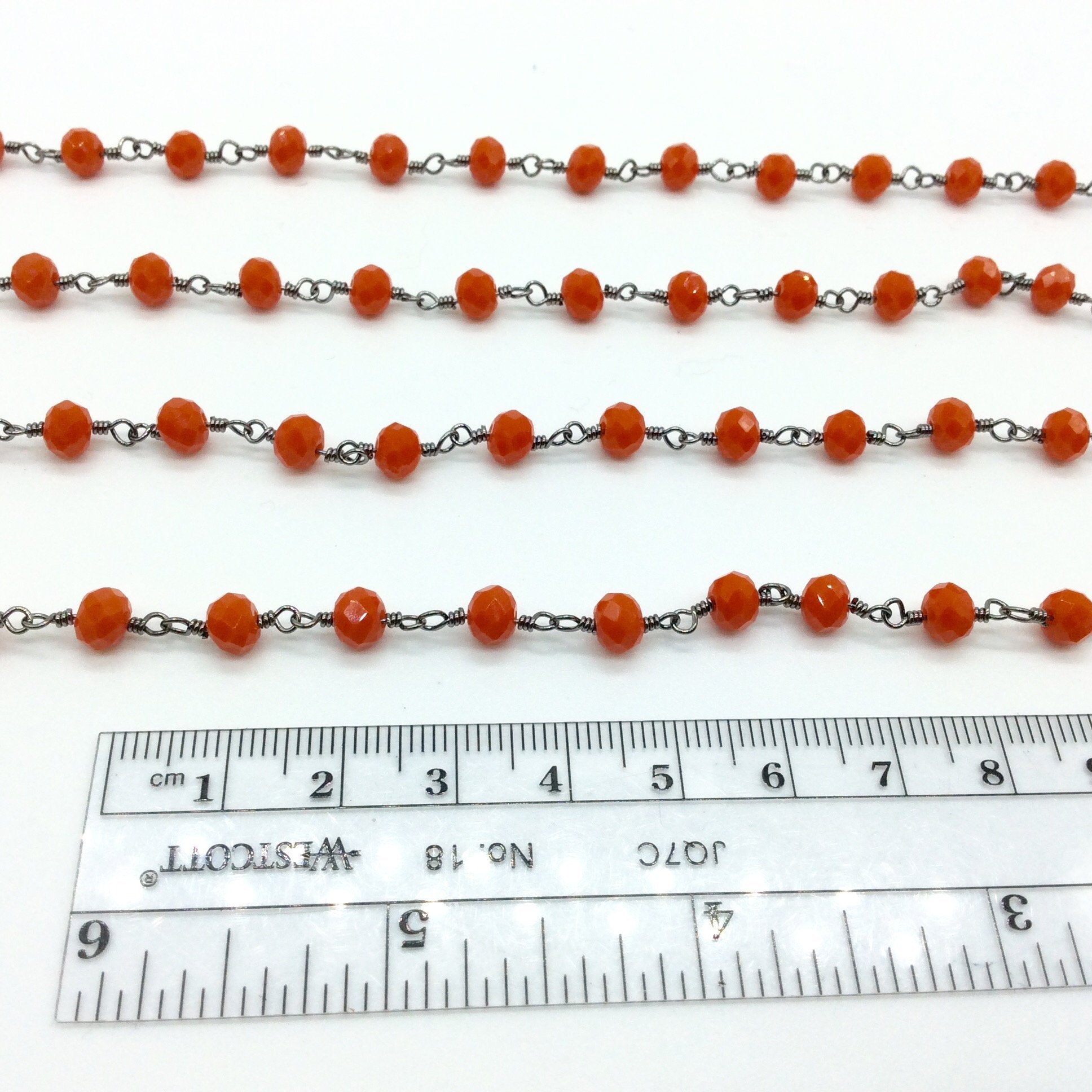 Gunmetal Plated Copper Wrapped Rosary Chain with 6mm Faceted Opaque Persimmon Orange Glass Crystal Rondelle Beads - Sold By the Foot