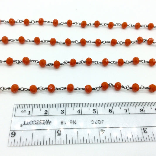 Gunmetal Plated Copper Wrapped Rosary Chain with 6mm Faceted Opaque Persimmon Orange Glass Crystal Rondelle Beads - Sold By the Foot